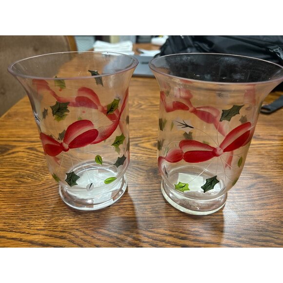 Holiday Ribbons 6" Glass Hurricane Candle Holders Set Of 2 Hand Painted Blown - Picture 4 of 5